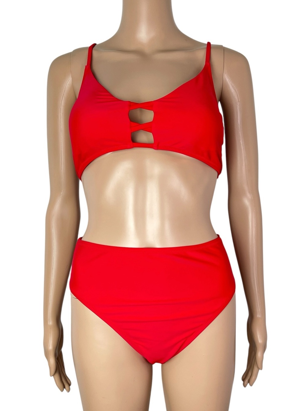 New Relleciga Red Crisscross Strappy Bikini Top High-Waisted Bottom Bikini Set